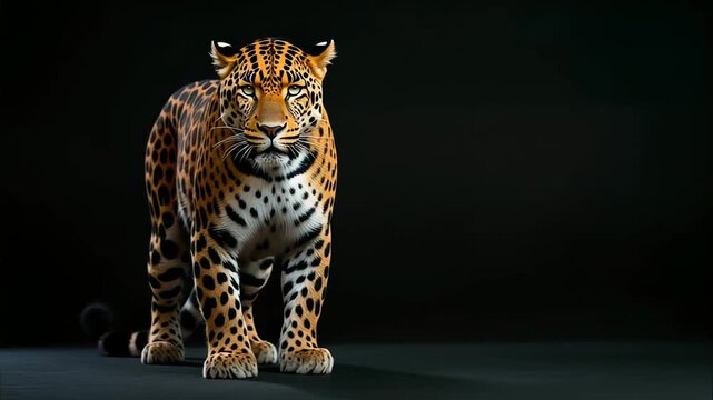 闇に浮かぶ豹の力強い存在感を捉えた静寂のポートレート