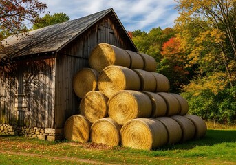 Obraz premium Stacked round hay bales rest against a rustic wooden structure amidst autumnal foliage.