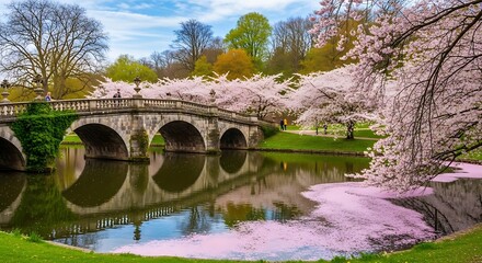 Ornate stone arch bridge spans a tranquil pond surrounded by blooming springtime trees