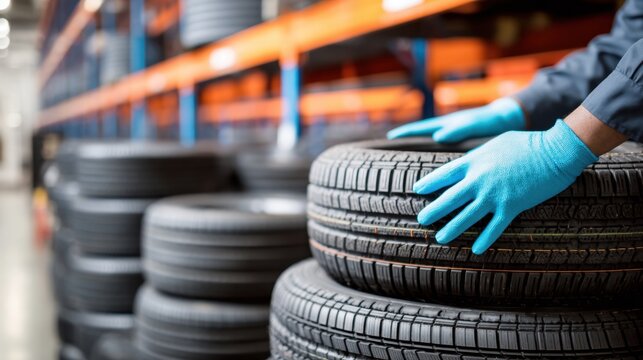 Worker in Gloves Handling New Tires in a Warehouse Setting with Stockpiled Tires on Shelves