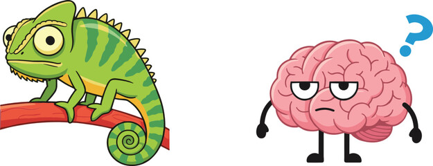 Chameleon and confused brain cartoon vector illustration representing learning difficulty thinking problem and educational concept © Sumon Creative