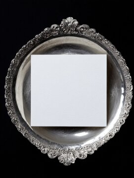 Vintage silver plate with mockup of a blank white card on top, trending content for graphic design, pinterest marketing and instagram social media