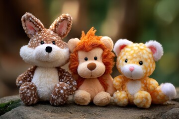 Three cute stuffed animal toys displayed on a natural stone surface in a serene outdoor setting surrounded by greenery during the daytime