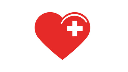 Obraz premium A red heart icon with a white medical cross and a curved line, symbolizing health, care, and well-being.