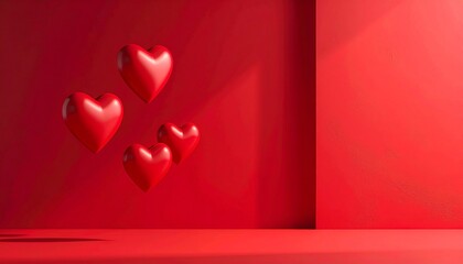 Floating red 3D hearts in minimalist red room with soft shadows and geometric depth.