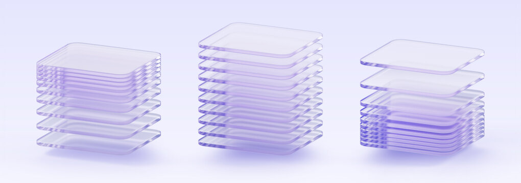 3D stacks of glass square sheets, purple transparent layers effect. Cut cube and rectangle shapes set. Futuristic tech block, data server. Architecture design, infographic elements. 3D illustration