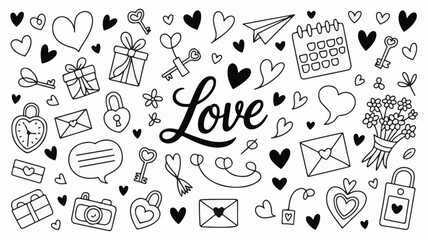 Illustration of love-themed elements including hearts, envelopes, and gifts surrounding the word love
