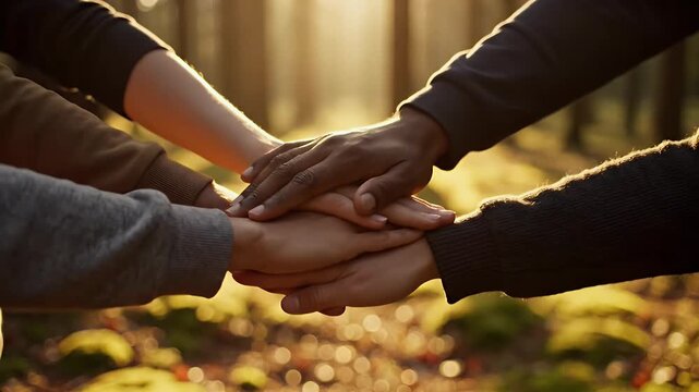 Diverse group of people holding hands together in solidarity and support bathed in warm golden sunlight filtering through a forest setting a symbol of unity and connection