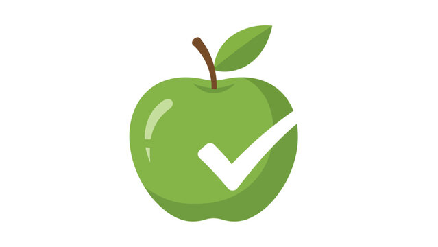 Green apple with white checkmark icon. Flat vector illustration of healthy food choice, diet approval, and nutrition quality symbol isolated on white background