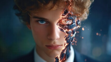 Young man with robotic face transformation technology