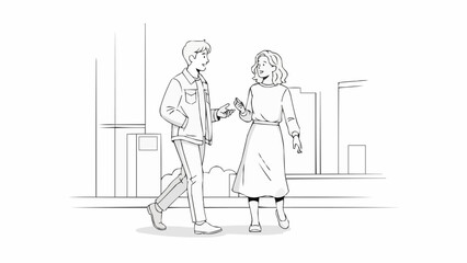 Young couple walking and talking on city street illustration.