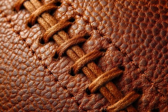 Textured closeup of football leather stitches showcasing craftsmanship and detail highlighting the materials used in sports equipment design
