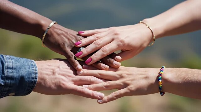 Diverse hands stacked together in a symbol of unity collaboration and support representing teamwork community inclusivity and global connection with vibrant bracelets