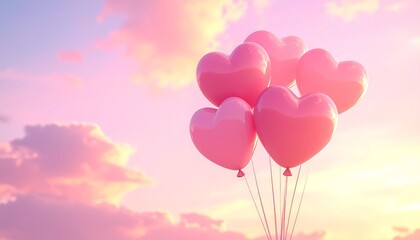 five pink heart-shaped balloons floating in pastel sky at sunrise.