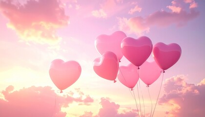 Cluster of pink heart balloons floating in pastel sky at sunrise, romantic and serene atmosphere.