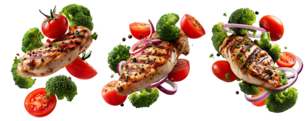 Grilled chicken breast with fresh broccoli florets and ripe tomatoes on white background. Concept of healthy food and fitness
