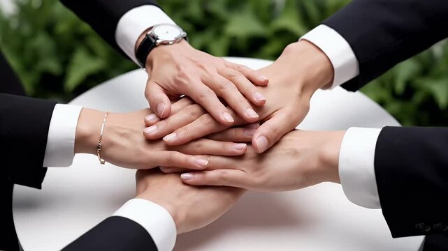 Diverse team members in formal business attire join hands together symbolizing unity collaboration trust and a shared commitment to success and achieving common goals