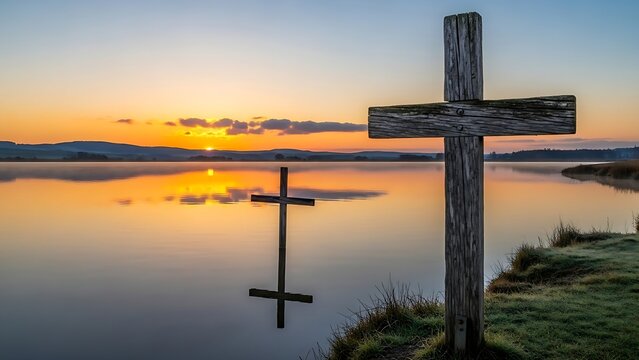A wooden cross by the shore of a calm lake at sunrise with its reflection visible in the water and mist on the horizon.