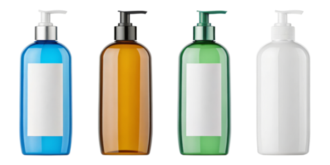 Four assorted shampoo bottles with pump dispensers and blank labels on a transparent background.