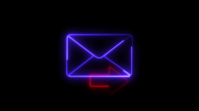blue color neon mail envelope icon animated on black background. Email notification icon .envelope icon screen. message alert, incoming notification, Sending mail sign, Email on black background