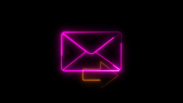 purple color neon mail envelope icon animated on black background. Email notification icon .envelope icon screen. message alert, incoming notification, Sending mail sign, Email on black background