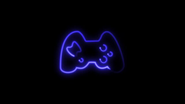 Glowing blue neon gamepad icon with a glitch reveal animation on a dark background. Video game and streaming culture concept. 4k video