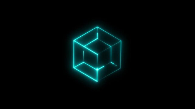 Animation of 3D cube frame over  shape effect motion graphic on black background. A neon cube neon icon isolate on a black background. cyan color Geometric portal with simple futurism 