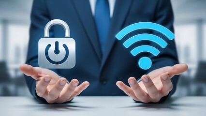 Businessman presenting secure internet connection with lock and WiFi symbols