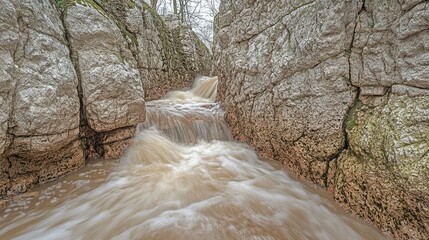 Fast-flowing water cascades through a narrow gorge between large, light-gray rocks.