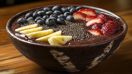 Colorful fruit and seed toppings on a dark bowl of smoothie.