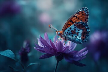Obraz premium Colorful butterfly resting on a violet flower amidst a blurred natural background during the daytime in a serene garden setting