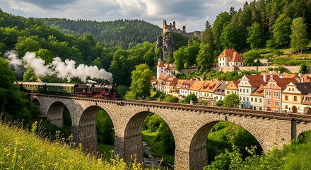 Historic steam locomotive pulls passenger carriages across a stone railway viaduct near a riverside town