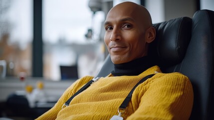 Person seated in a chair, wearing a mustard-yellow sweater.