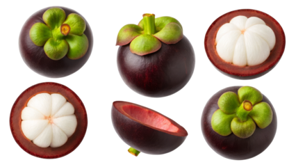 Mangosteen fruit whole and sliced revealing juicy white segments and dark purple rind isolated on white background