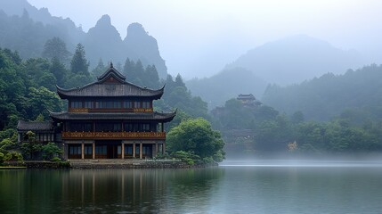 Tranquil asian temple by a misty lake.