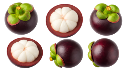 Mangosteen whole and halved showing juicy white segments and dark purple rind isolated on white background