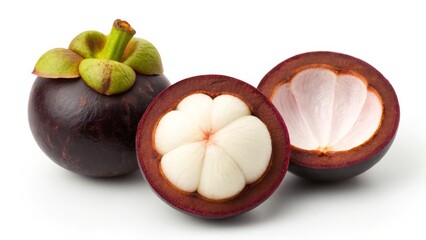 Mangosteen fruit whole and halved revealing juicy white segments isolated on white background