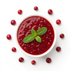 Cranberry sauce in a bowl with fresh cranberries and mint leaves isolated on white background