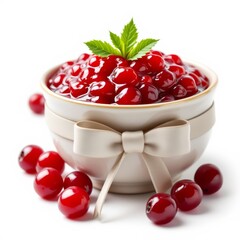 Cranberry sauce in a decorative bowl with a ribbon and fresh mint garnish isolated on white background