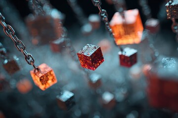 Exploring the intricate visualization of blockchain technology with interconnected cubes symbolizing data transparency and security in a digital ecosystem