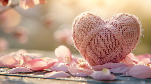 Cozy blush pink cable-knit heart resting on rustic wooden background, under soft ethereal sunlight for a romantic Valentine atmosphere, Valentine's day, Love, romantic, decoration, spring wedding