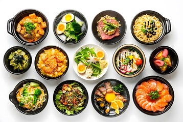 A vibrant overhead view showcases a diverse collection of delicious food dishes artfully arranged in bowls and plates, perfect for culinary inspiration