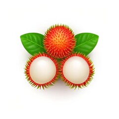 Rambutan fruit with green leaves on white background, showcasing its spiky red exterior and juicy white flesh.