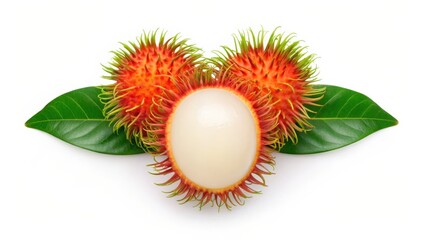 Rambutan fruit with vibrant red and green spiky skin and juicy white flesh, isolated on white background