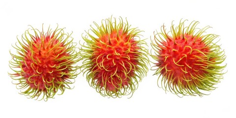 Rambutan fruits with their distinctive hairy red skin and green tendrils isolated on white background