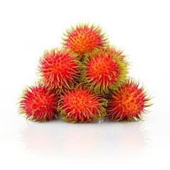 Rambutan pile with spiky red skin and green hairs isolated on white background.