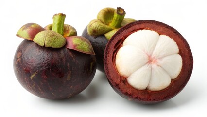 Mangosteen fruit showing its dark purple rind and white segmented flesh isolated on white background