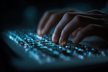 Businessman's hands typing on a laptop keyboard during nighttime, focusing on productivity and digital engagement