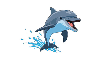 Obraz premium Playful grey dolphin leaping high out of the sparkling blue water with a large splash and a happy expression during a summer day in the ocean.