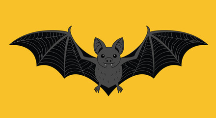 Fototapeta premium Cartoon black bat with large leathery wings spread out wide flying against a solid orange background for Halloween and spooky decorations.